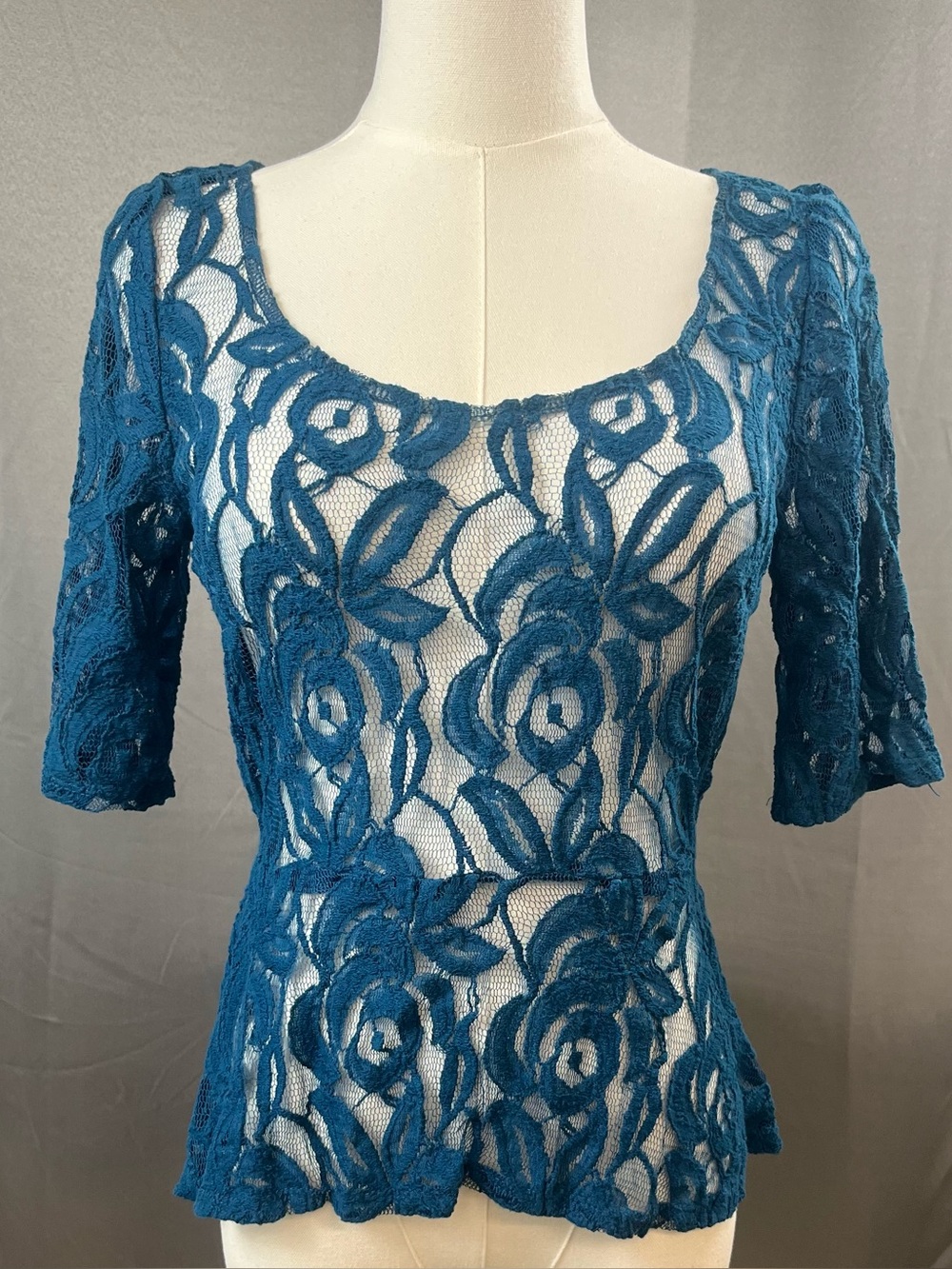 Eyeshadow Teal Lace 3/4 Sleeve Top Crochet Fairycore Whimsy Goth Peplum Small